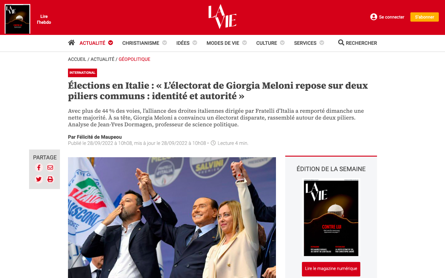 La Vie - Élections en Italie : « L’électorat de Giorgia Meloni repose sur deux piliers communs : identité et autorité »