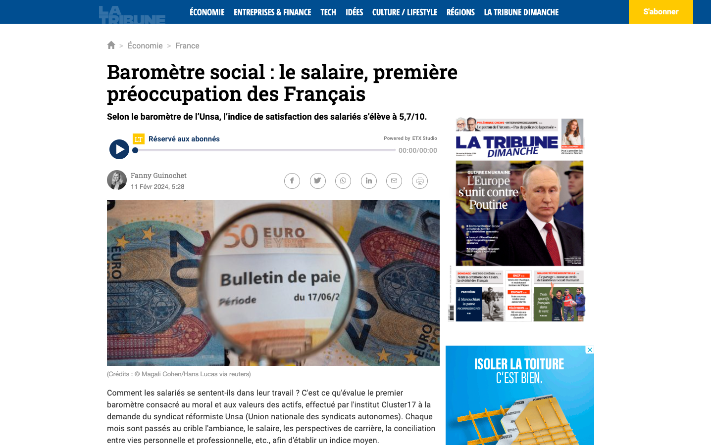 La Tribune - baromètre social, le salaire première préoccupation des français